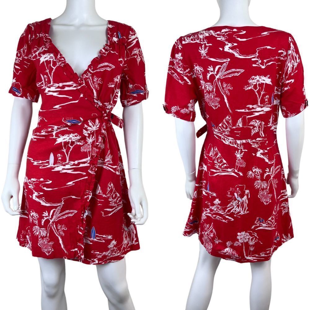 Tanya Taylor Women Size 8 Toilet Alda Linen Red Hawaiian Wrap Mini NEW Dress